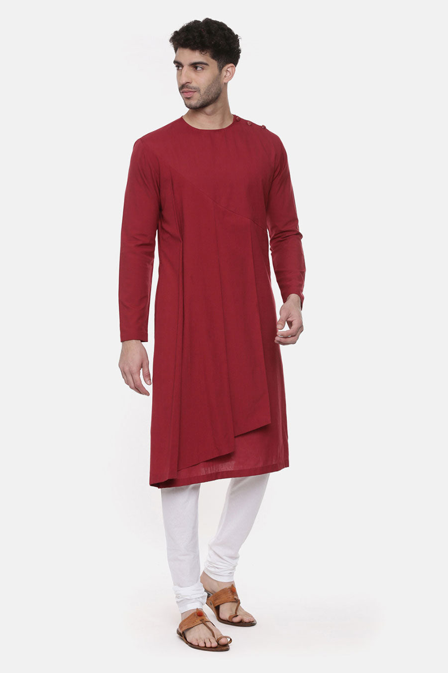 Red Pleated Panel Kurta Set