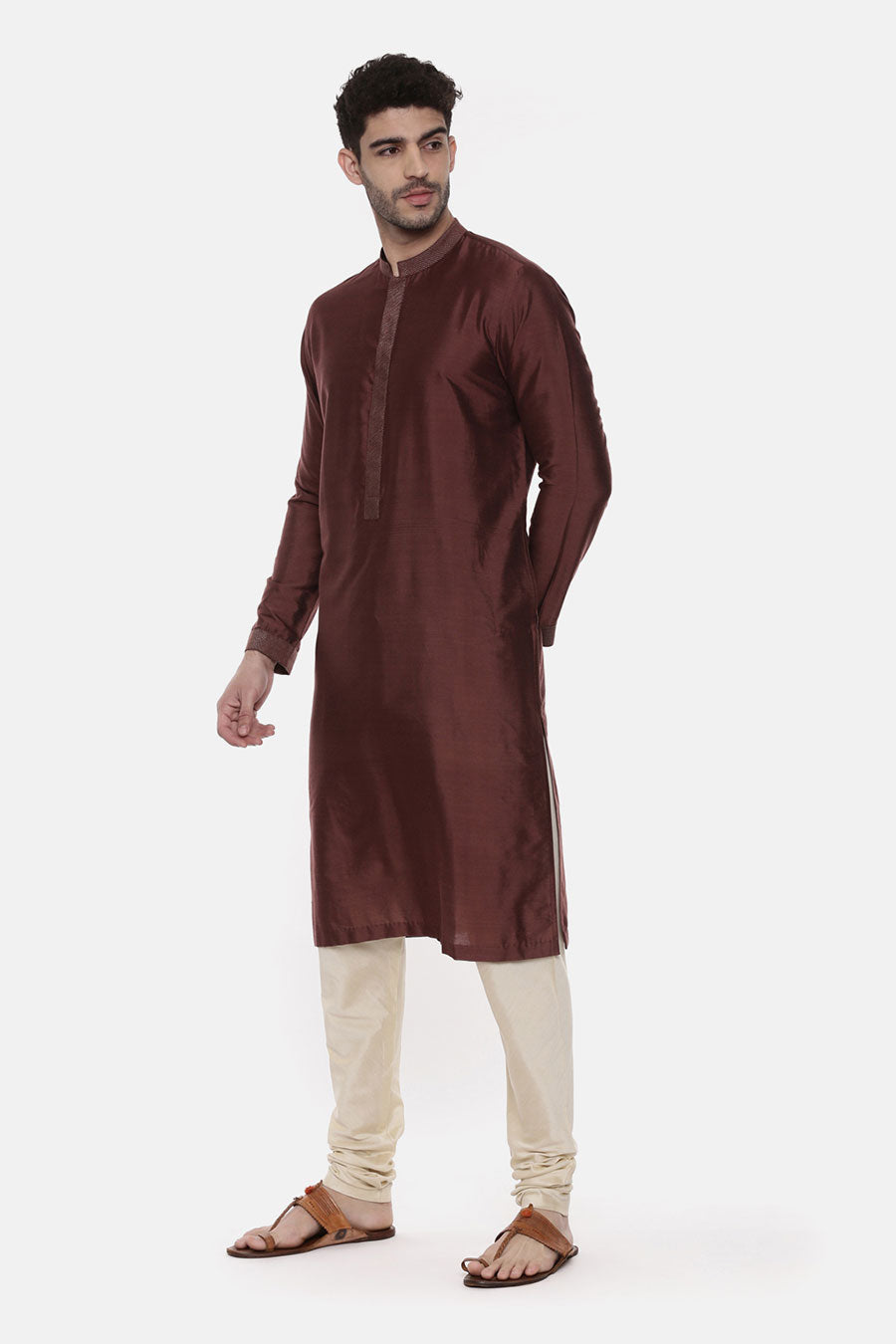 Brown Stitch-Detailed Kurta Set