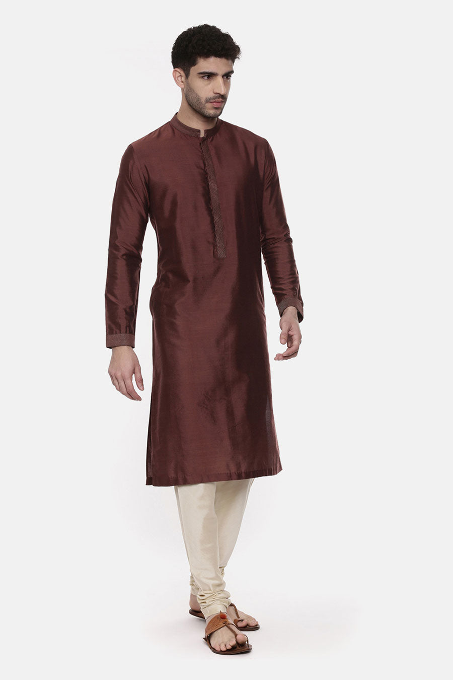 Brown Stitch-Detailed Kurta Set