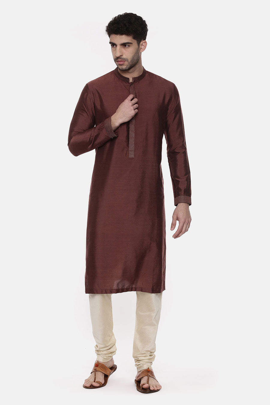 Brown Stitch-Detailed Kurta Set