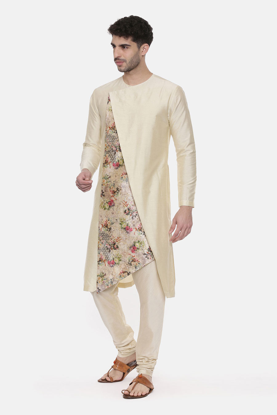 Beige Printed Panel Kurta Set