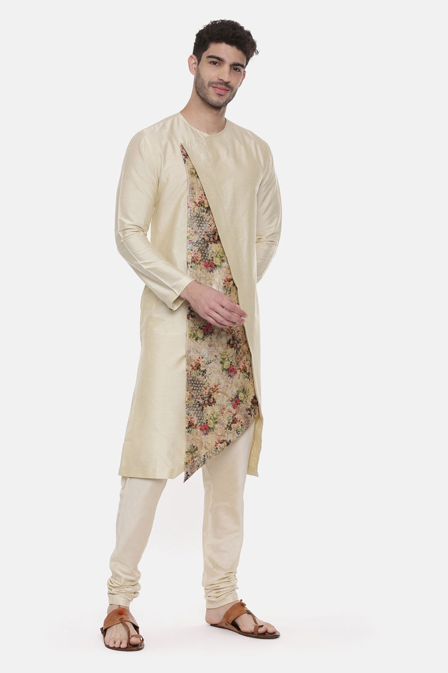 Beige Printed Panel Kurta Set