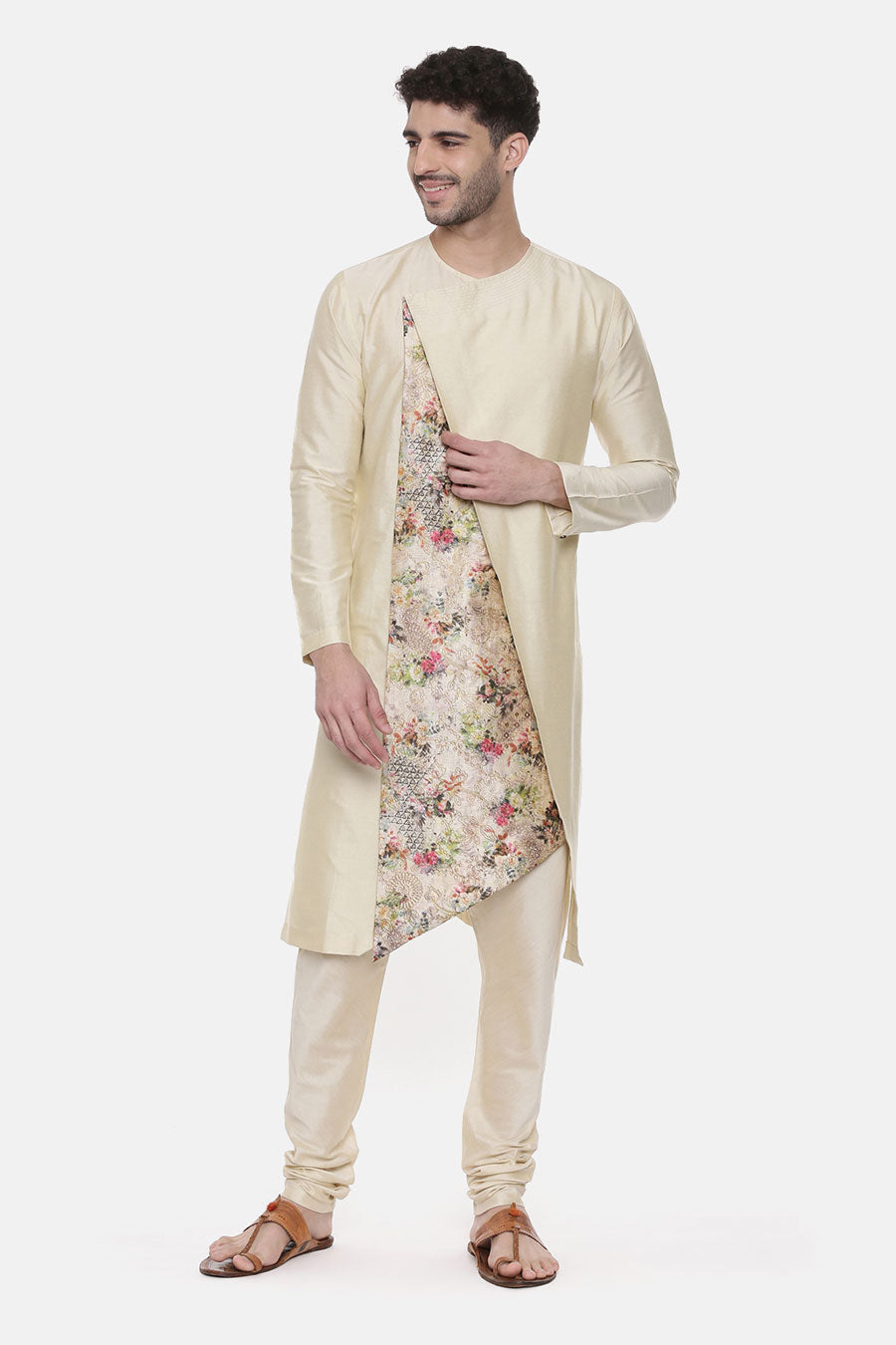 Beige Printed Panel Kurta Set