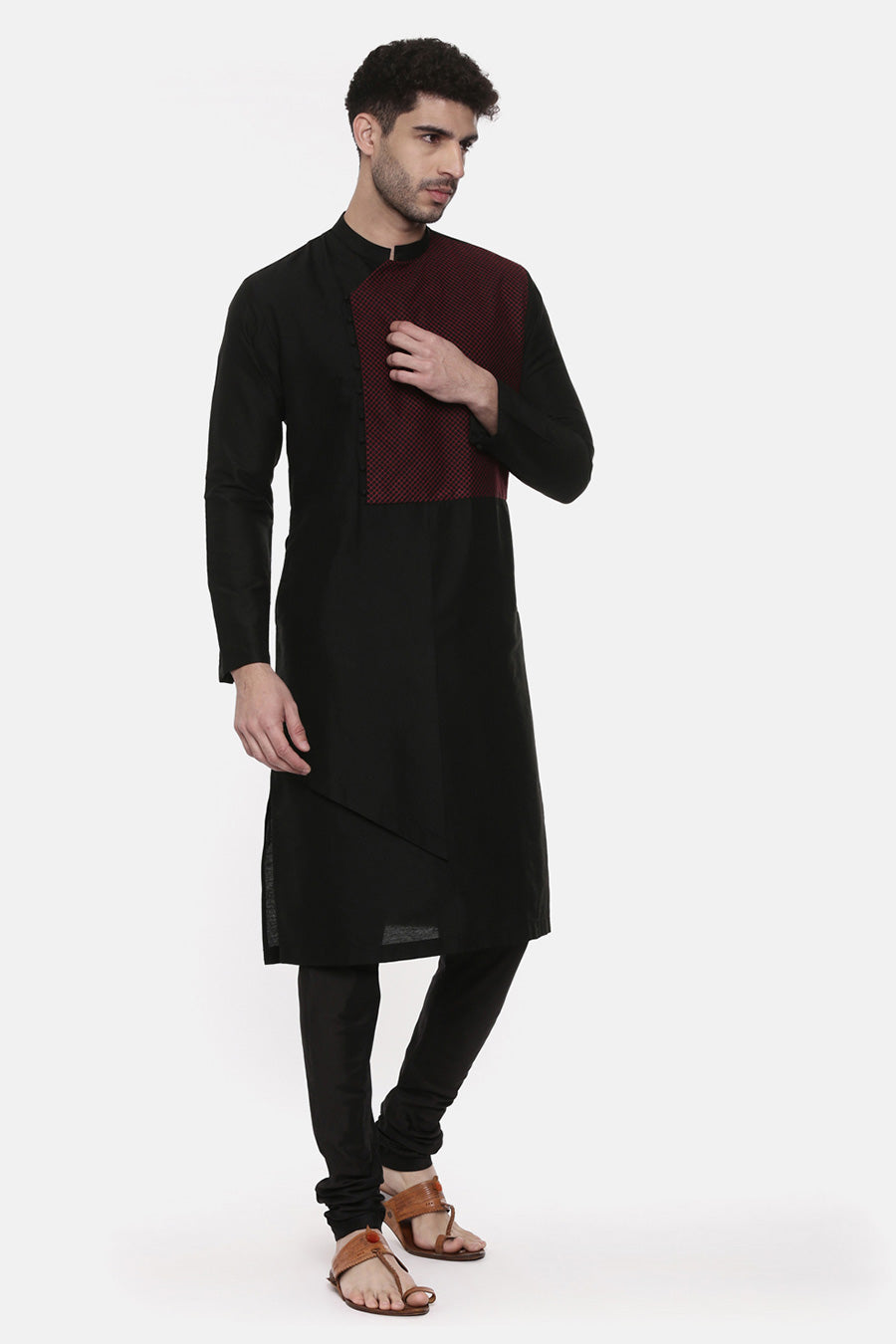 Black Stitch-Detailed Panel Kurta Set