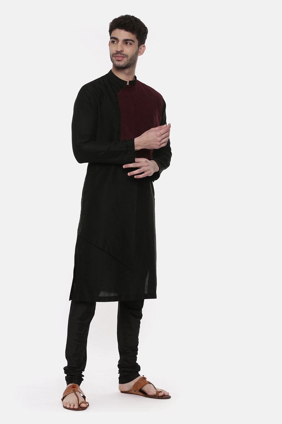 Black Stitch-Detailed Panel Kurta Set