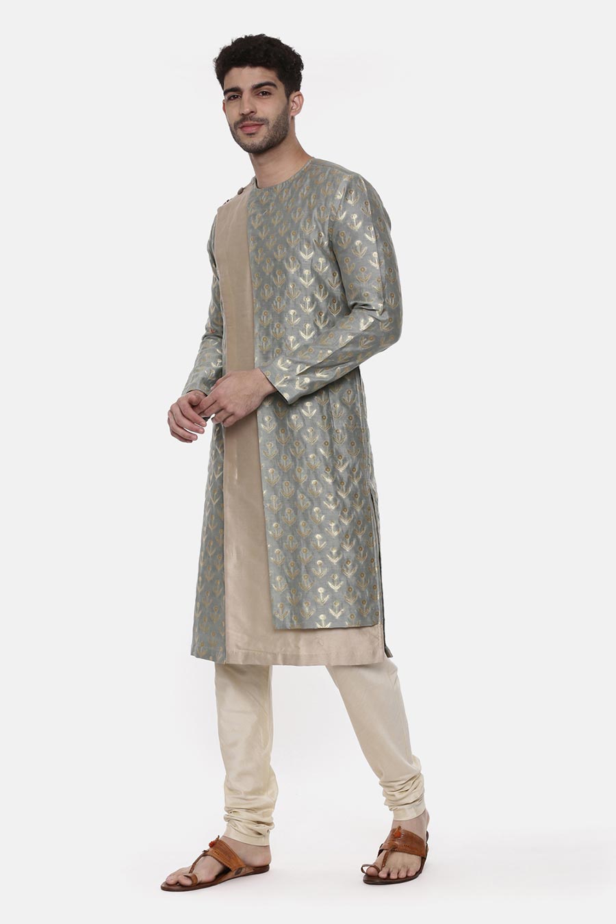 Green & Beige Brocade Panelled Kurta Set