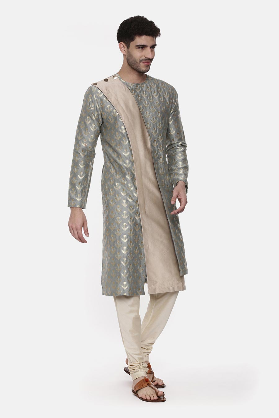 Green & Beige Brocade Panelled Kurta Set