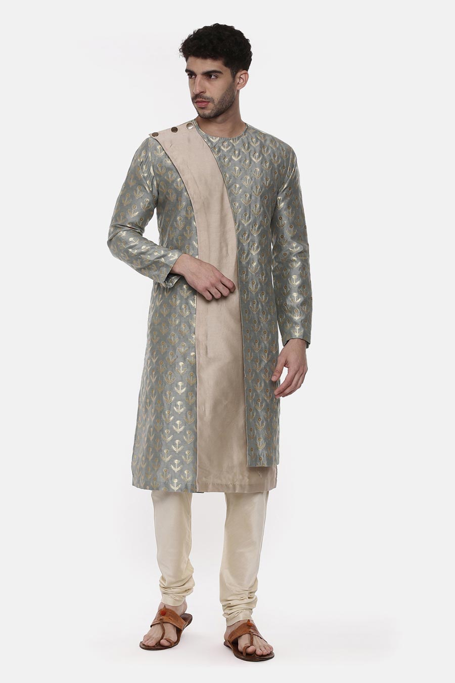 Green & Beige Brocade Panelled Kurta Set