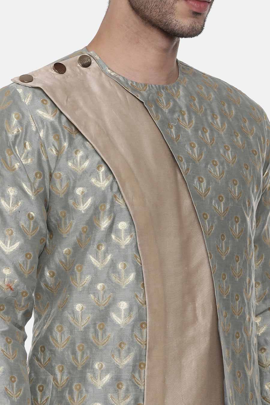 Green & Beige Brocade Panelled Kurta Set