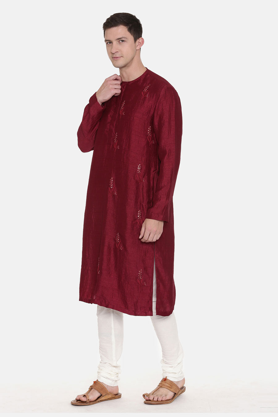 Wine Embroidered Kurta Set 