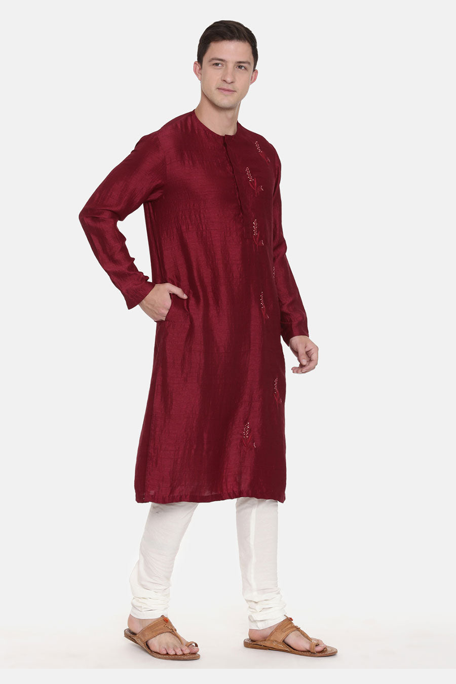 Wine Embroidered Kurta Set 