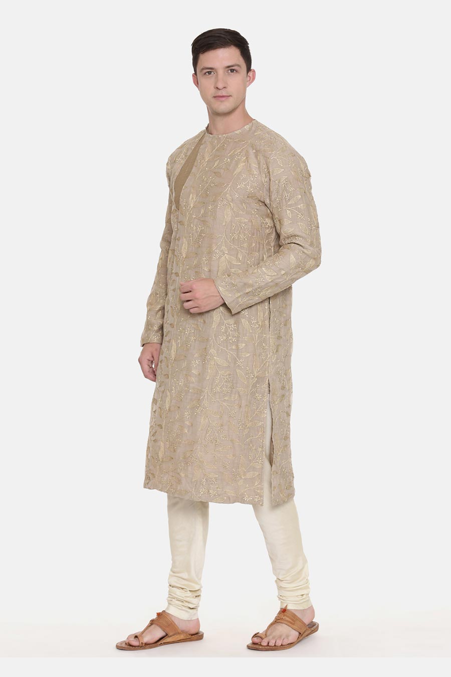 Brown Chanderi Embroidered Kurta Set