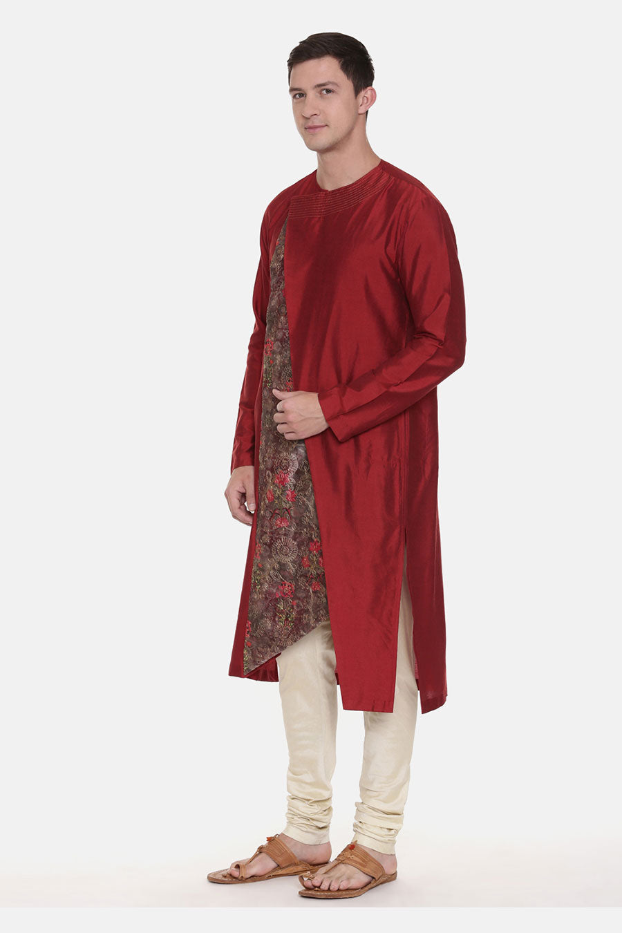 Maroon Chanderi Printed Kurta Set