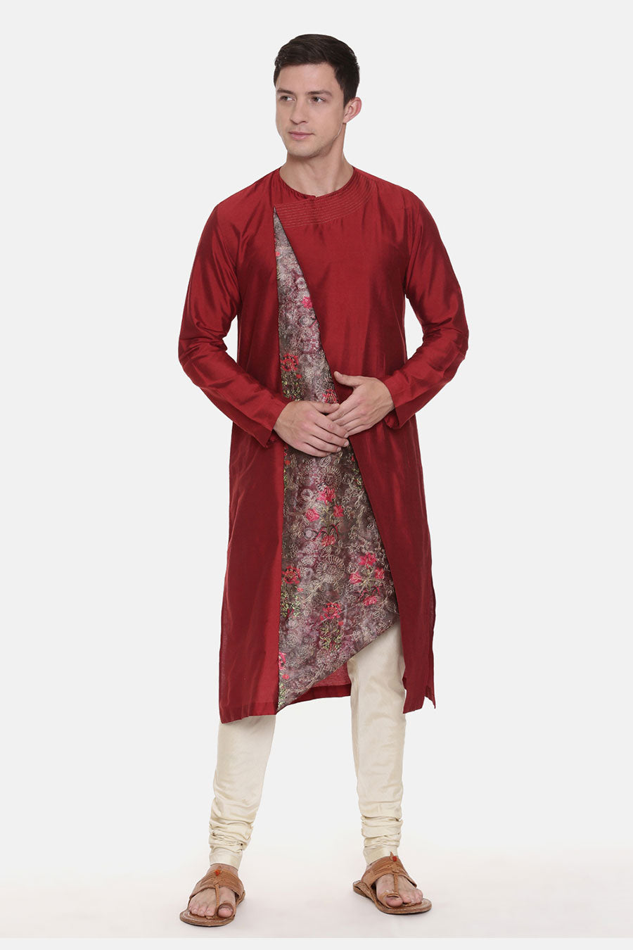 Maroon Chanderi Printed Kurta Set