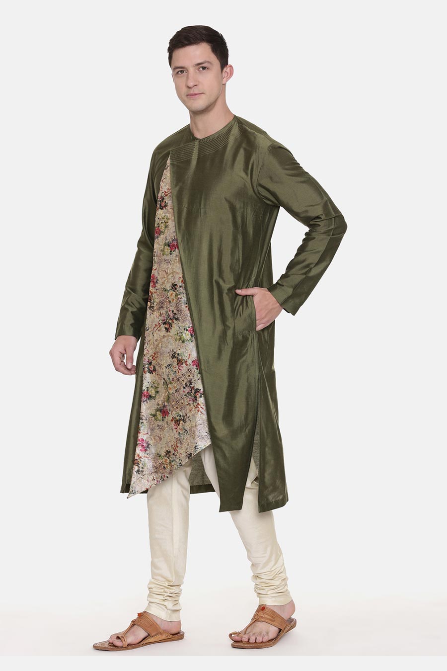 Mehandi Green Chanderi Printed Kurta Set