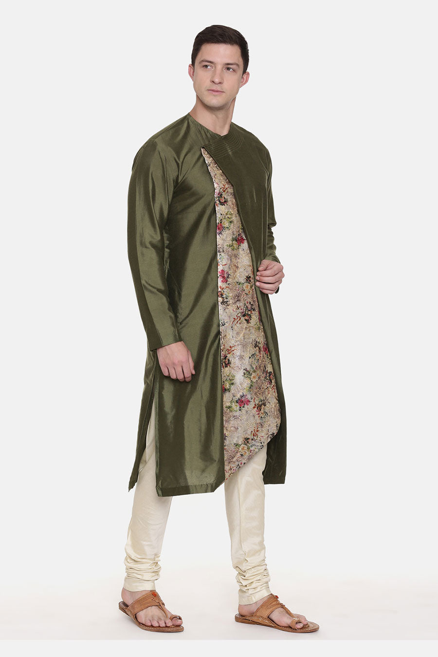 Mehandi Green Chanderi Printed Kurta Set