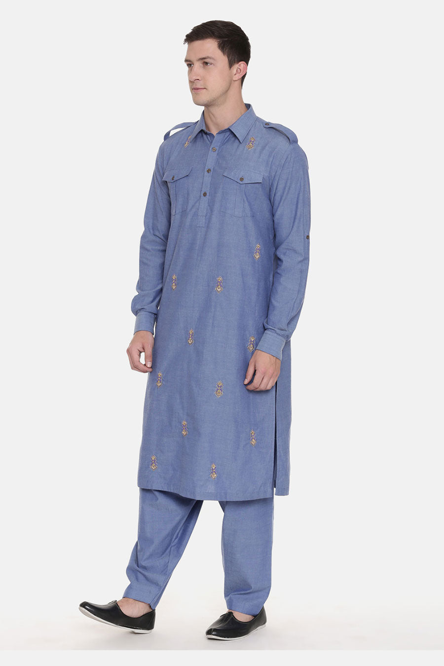 Blue Embroidered Pathani Kurta Set