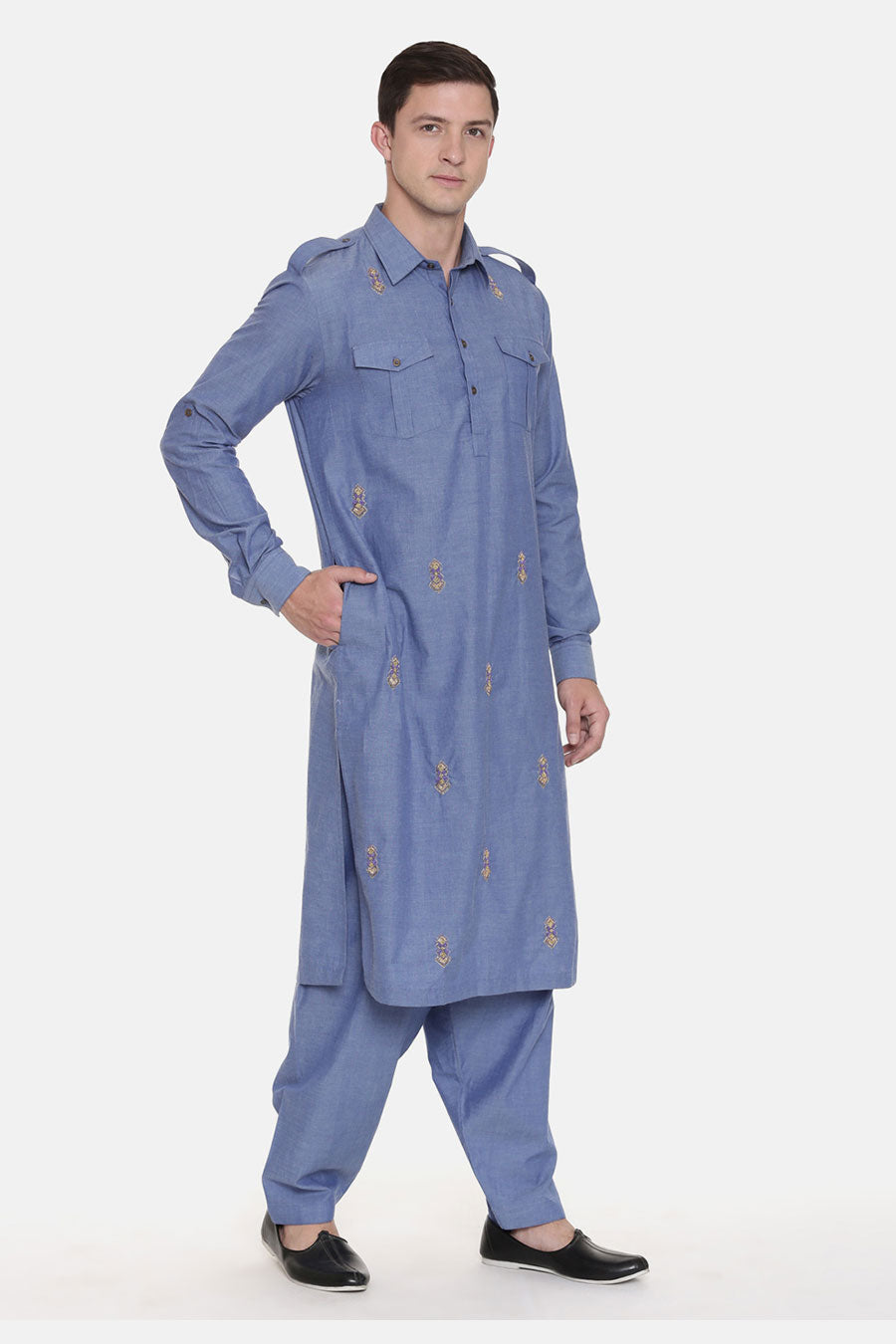 Blue Embroidered Pathani Kurta Set