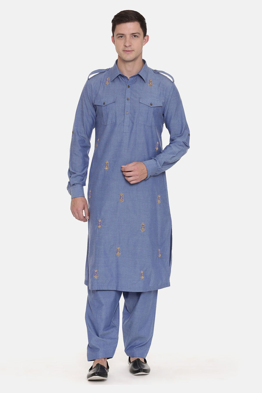 Blue Embroidered Pathani Kurta Set