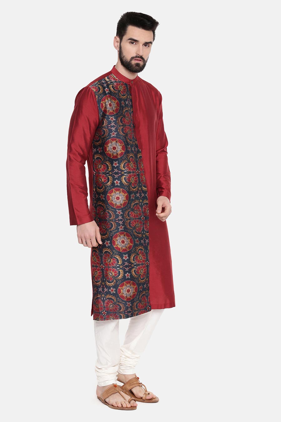 Red Printed Panel Kurta Set 