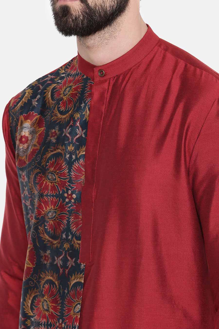 Red Printed Panel Kurta Set 