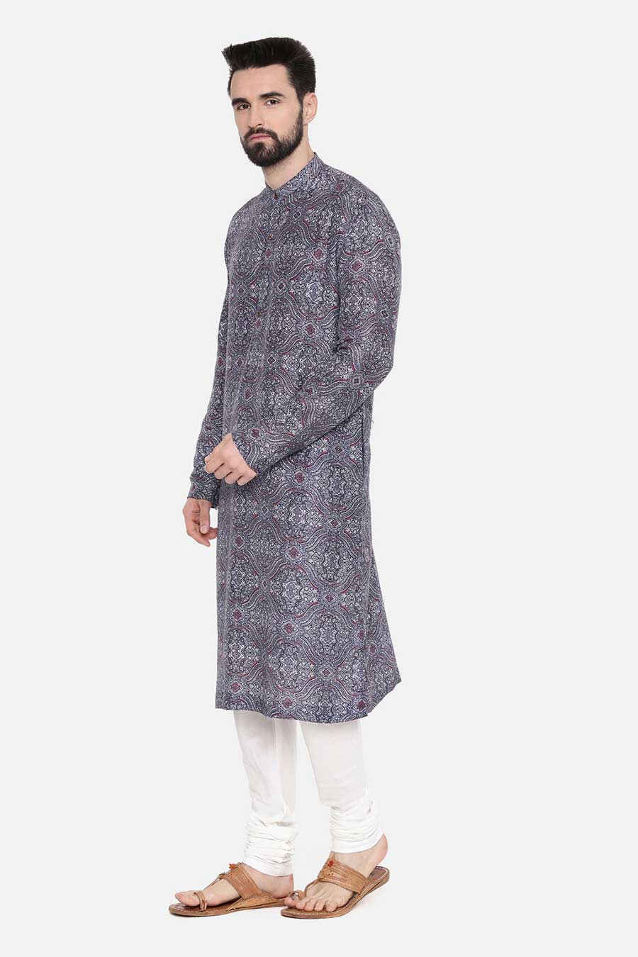 Blue Linen Printed Kurta Set