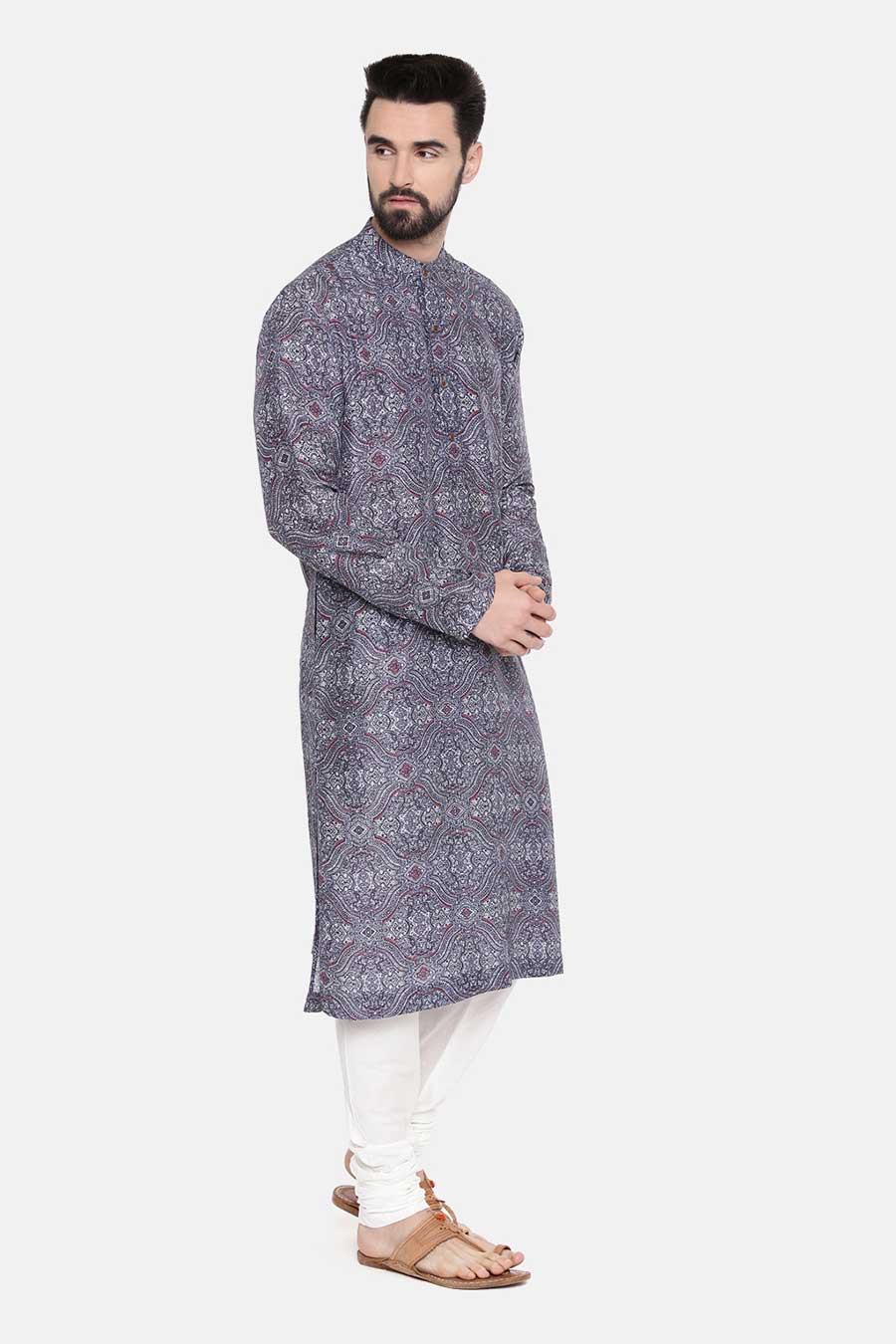 Blue Linen Printed Kurta Set