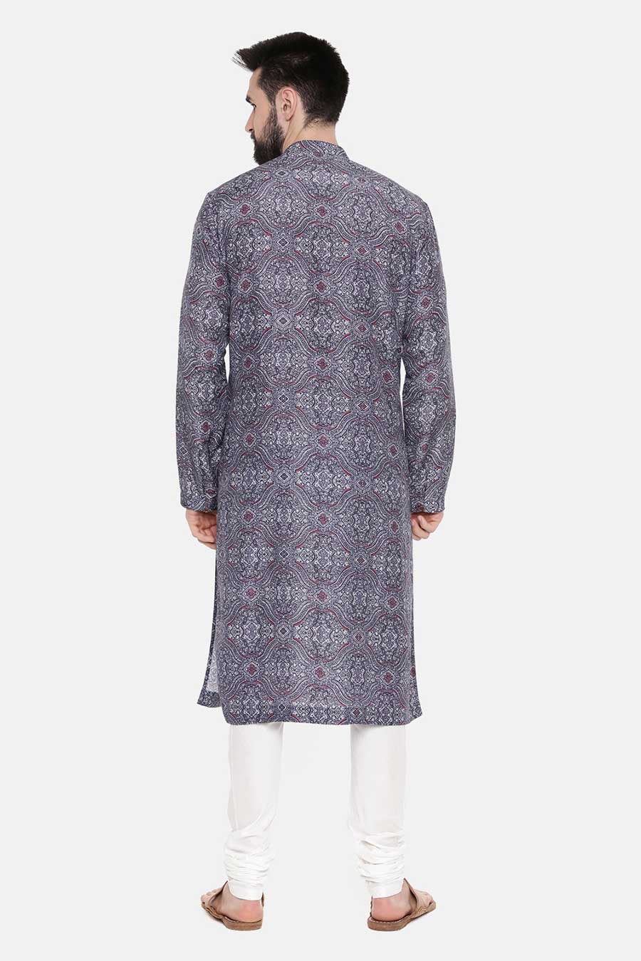 Blue Linen Printed Kurta Set