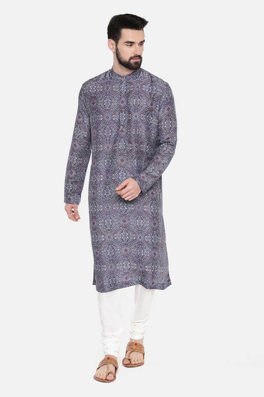 Blue Linen Printed Kurta Set