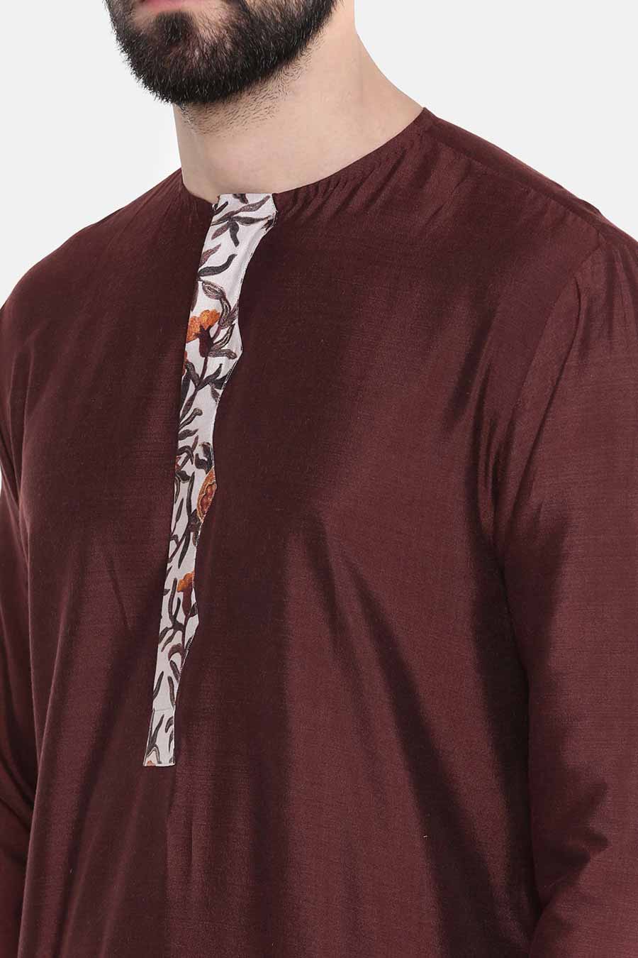 Brown Printed Placket Kurta Set