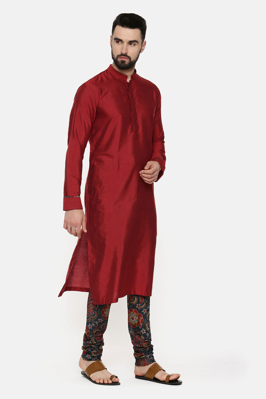 Red Kurta & Printed Churidar Pant Set