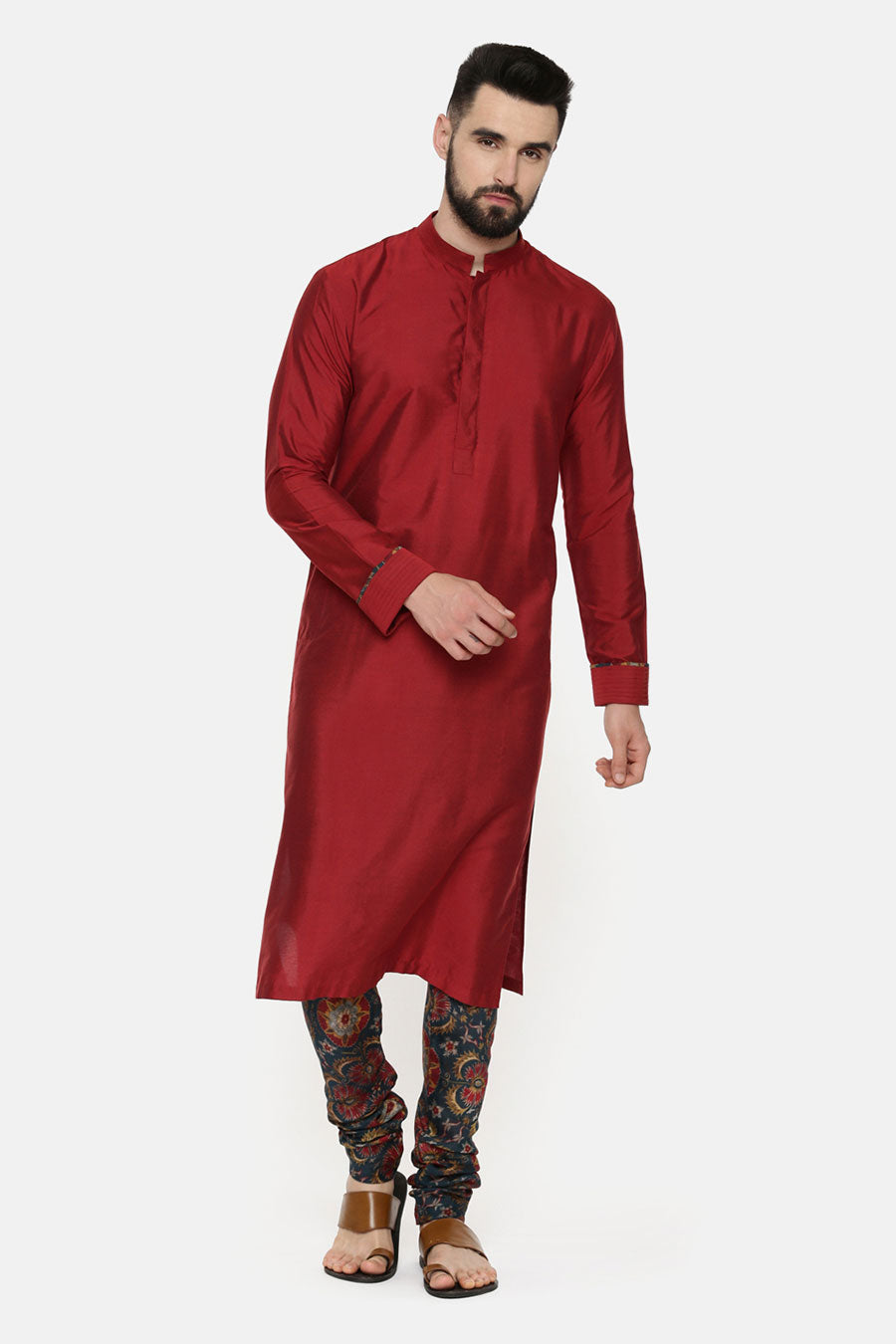 Red Kurta & Printed Churidar Pant Set