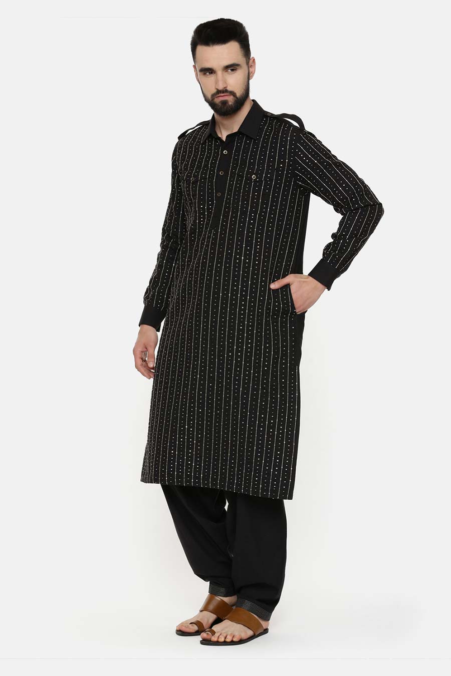 Black Hand-Embroidered Pathani Kurta Set