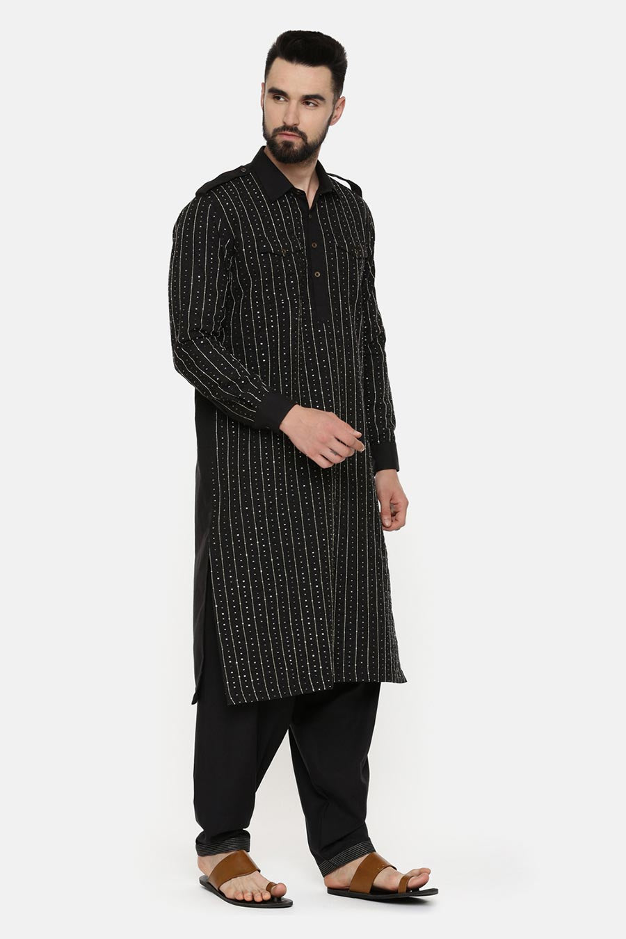 Black Hand-Embroidered Pathani Kurta Set