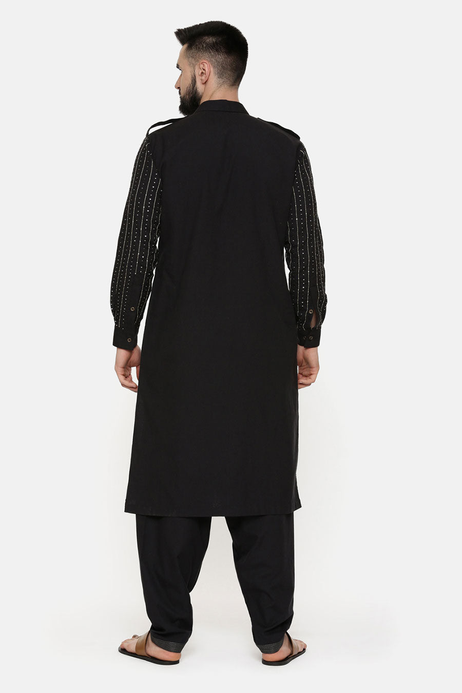 Black Hand-Embroidered Pathani Kurta Set