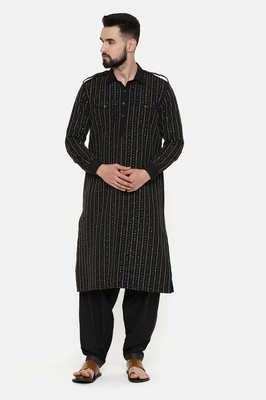 Black Hand-Embroidered Pathani Kurta Set