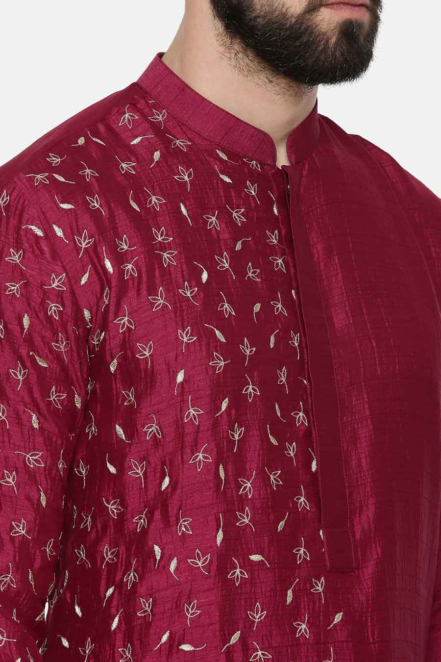 Wine Hand-Embroidered Kurta Set