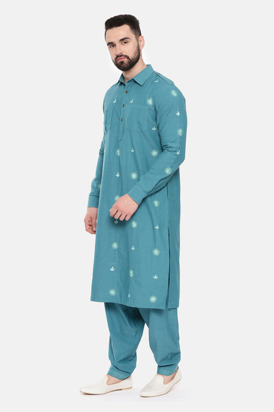 Blue Embroidered Pathani Kurta Set