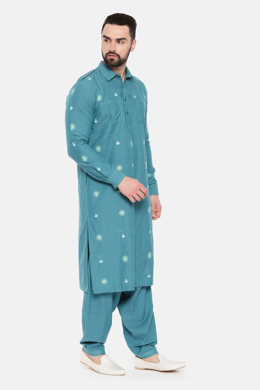 Blue Embroidered Pathani Kurta Set