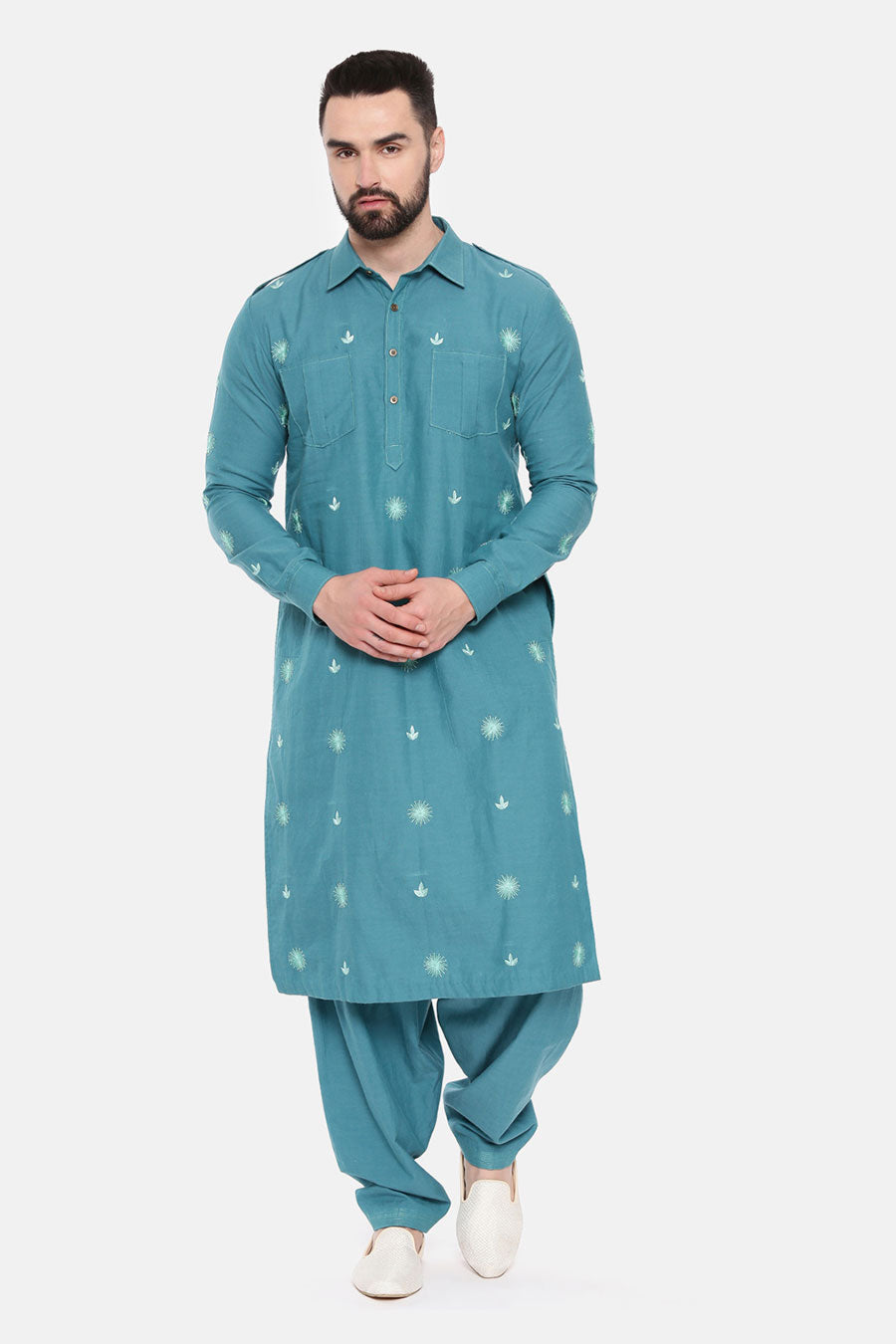 Blue Embroidered Pathani Kurta Set