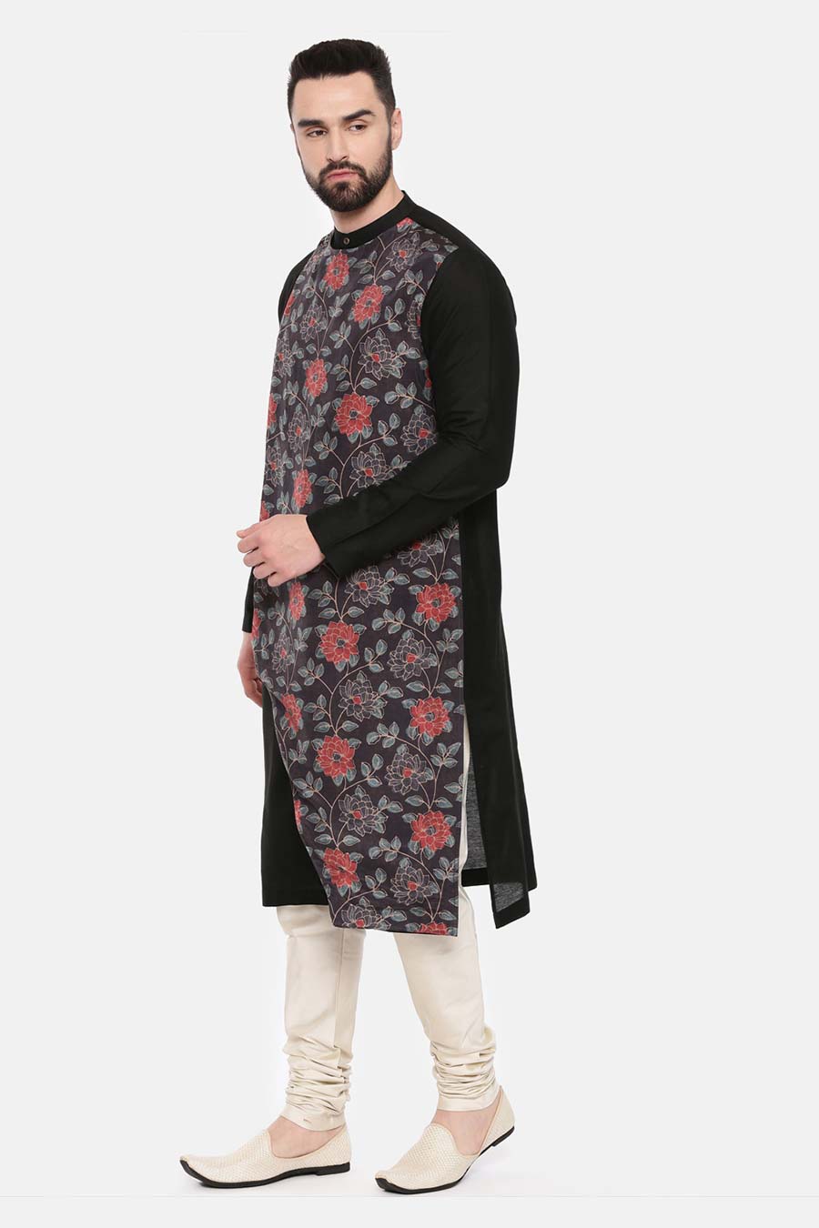 Black Muslin Printed Panel Kurta Set