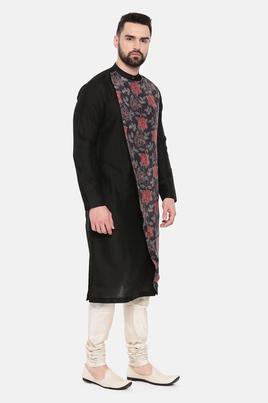 Black Muslin Printed Panel Kurta Set