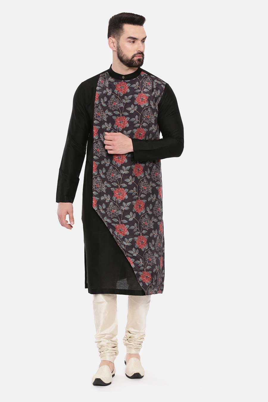 Black Muslin Printed Panel Kurta Set