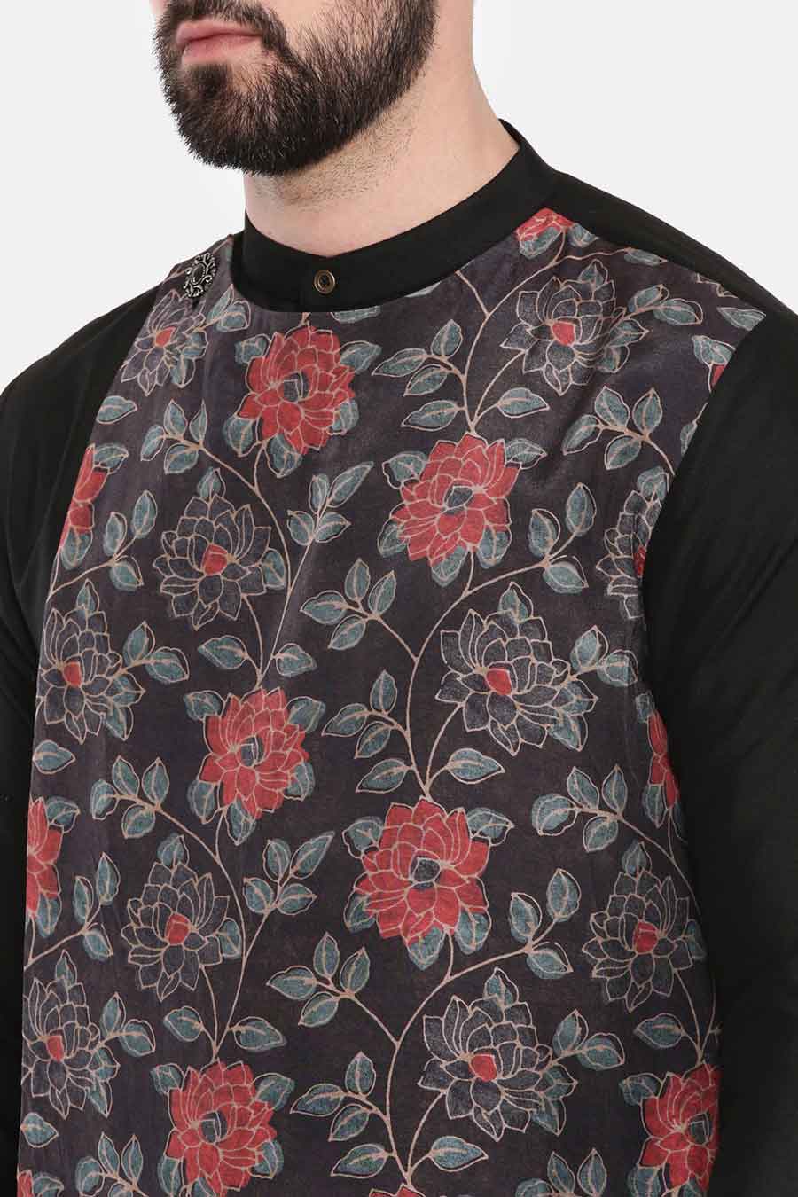 Black Muslin Printed Panel Kurta Set