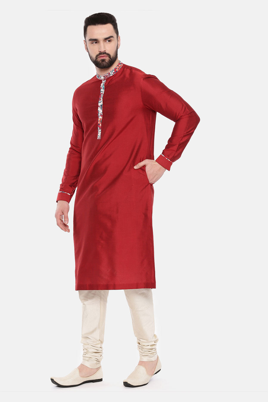 Red Printed Collar Kurta Set