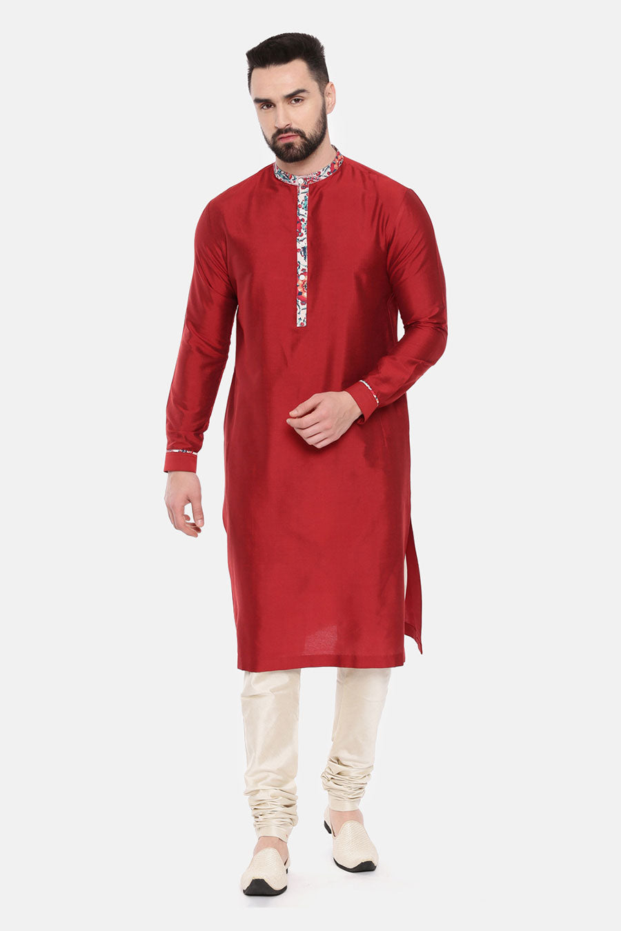 Red Printed Collar Kurta Set