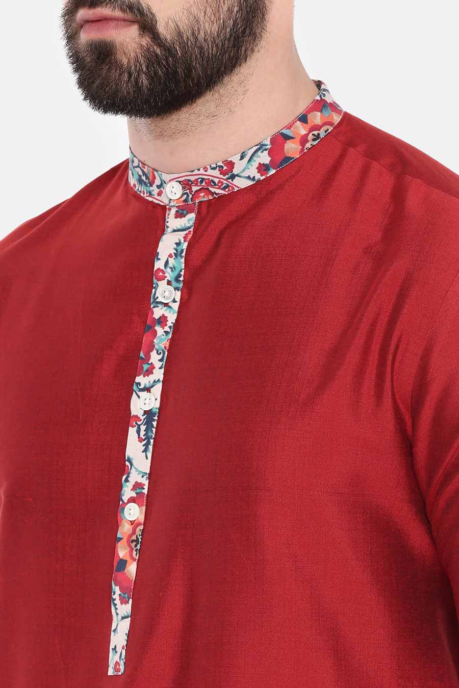 Red Printed Collar Kurta Set