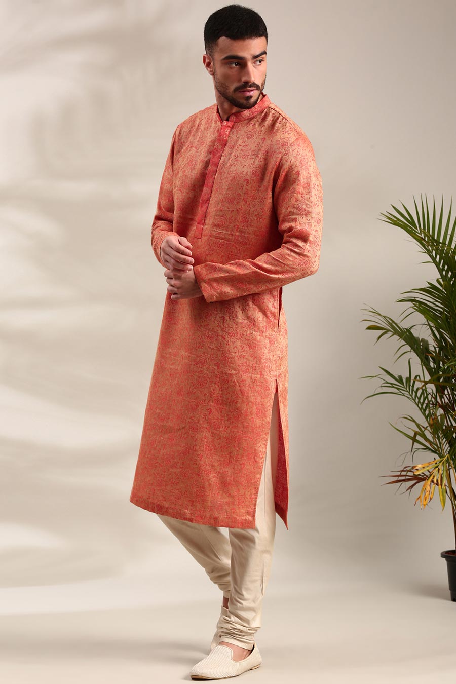 Orange Jacquard Kurta Set