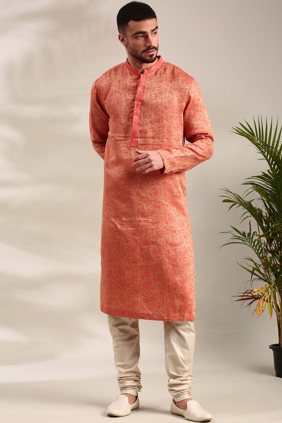 Orange Jacquard Kurta Set