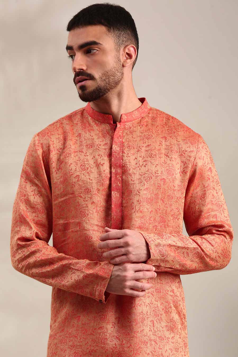 Orange Jacquard Kurta Set